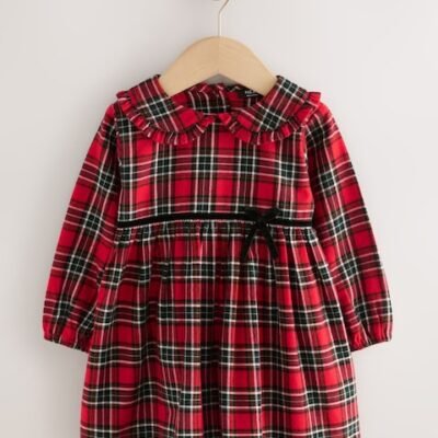 Red Check Long Sleeve Collar Dress