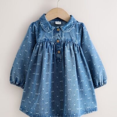 Denim Bow Long Sleeve Collar Dress
