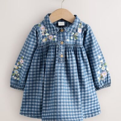 Denim Check Embroidered Long Sleeve Collar Dress