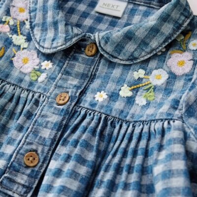 Denim Check Embroidered Long Sleeve Collar Dress