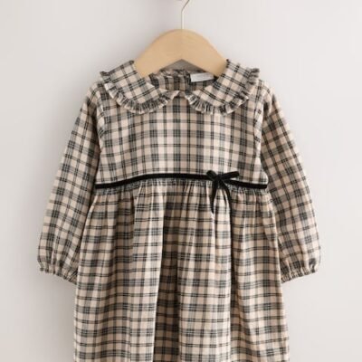 Neutral Check Long Sleeve Collar Dress