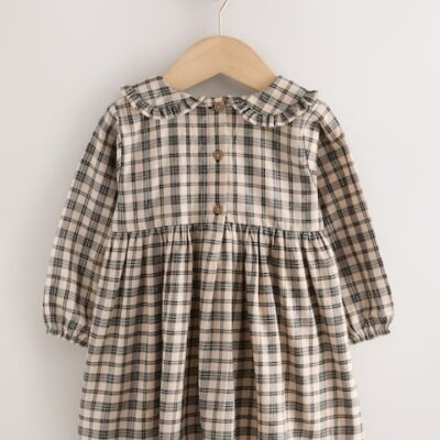 Neutral Check Long Sleeve Collar Dress