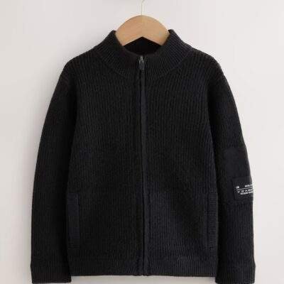 Black Utility Zip Through Knitted Cardigan
