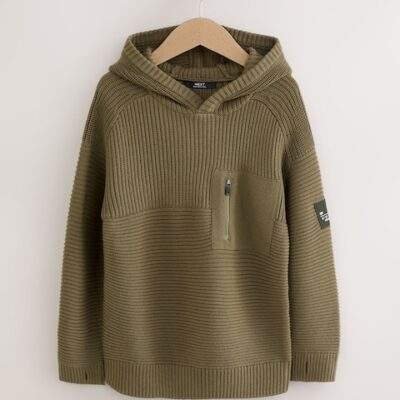 Khaki Green Utility Knitted Hoodie