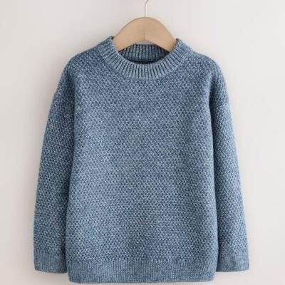Blue Textured Knitted Crew Neck Jumper