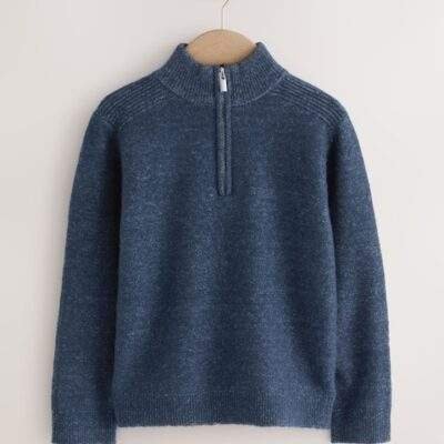 Navy Blue Knitted Zip Neck Jumper