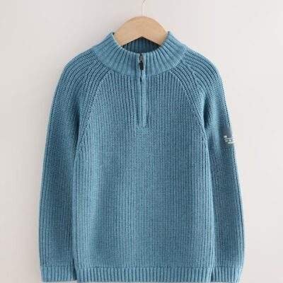Blue Utility Zip Neck Knitted Jumper