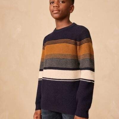 Navy Blue Colourblock Stripe Crew Neck Knitted Jumper