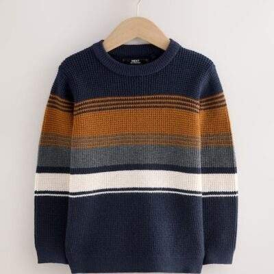 Navy Blue Colourblock Stripe Crew Neck Knitted Jumper