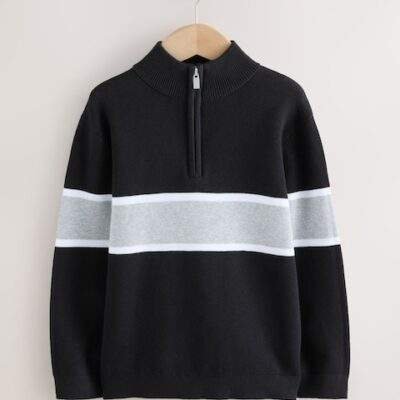 Black Colourblock Zip Neck Knitted Jumper