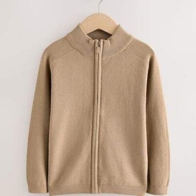 Tan Brown Zip Through Knitted Cardigan