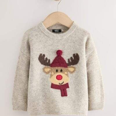 Neutral/Grey Reindeer Knitted Christmas Jumper