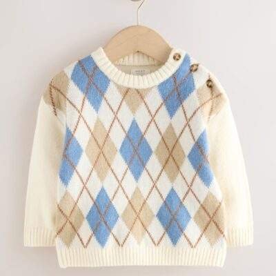 Cream Argyle Knitted Crew Neck Cotton Jumper