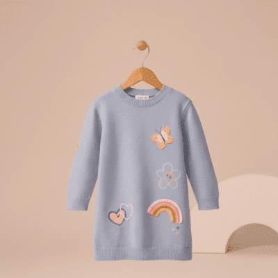 Blue Embroidered Jumper Dress and Tights Set