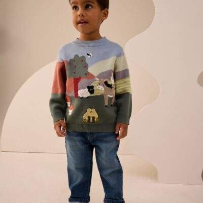 Green/Blue Farm Scene Knitted Jumper