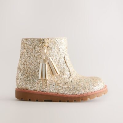 Gold Glitter Standard Fit (F) Chelsea Zip Tassel Ankle Boots