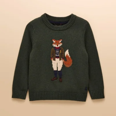 Joules Kids' Jonty Fox Green Knitted Jumper front
