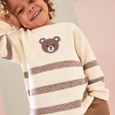 Ecru Cream/Brown Bear Stripe Knitted 100% Cotton Crew Neck Jumper