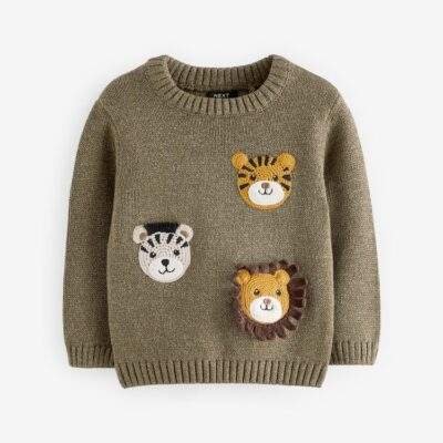 Khaki Green Safari Animals Crew Neck Knitted 100% Cotton Jumper