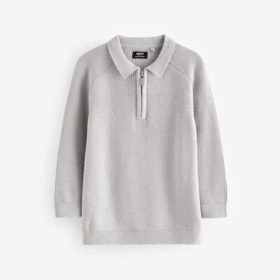 Light Grey Long Sleeve Quarter Zip Knitted Polo Shirt