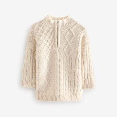 Ecru Cable Knit Zip Neck Jumper