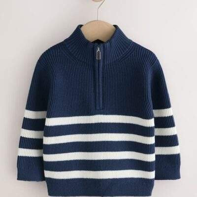 Navy Blue/Ecru Stripe Knitted Quarter Zip Jumper