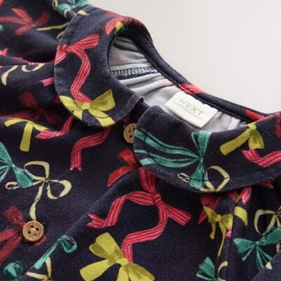 Navy Bow Print Shirt Dress