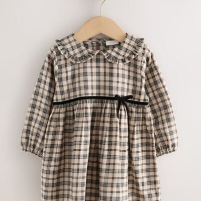 Neutral Check Long Sleeve Collar Dress