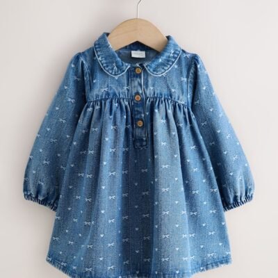 Denim Bow Long Sleeve Collar Dress