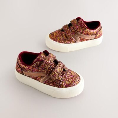 Burgundy Red Glitter Standard Fit (F) Touch Fastening Trainers