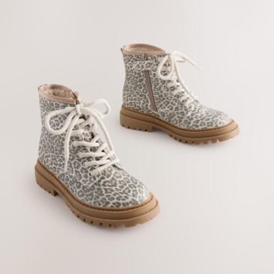 Muted Animal Printed Wide Fit (G) Warm Lined Lace-Up Ankle Boots