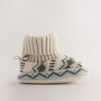 Neutral/Blue Fairisle Baby Sock Top Boot Shoes