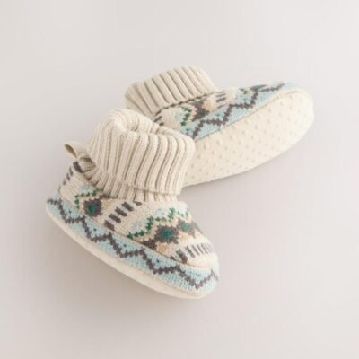 Neutral/Blue Fairisle Baby Sock Top Boot Shoes