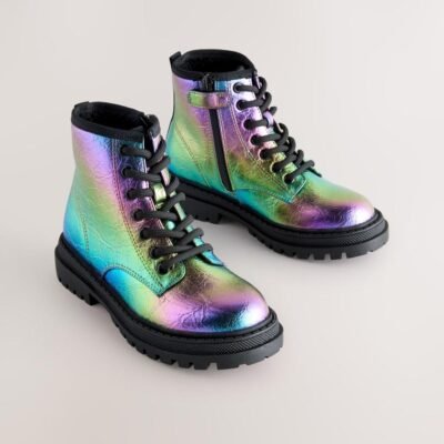 Rainbow Metallic Wide Fit (G) Warm Lined Lace-Up Ankle Boots