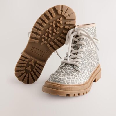 Muted Animal Printed Wide Fit (G) Warm Lined Lace-Up Ankle Boots
