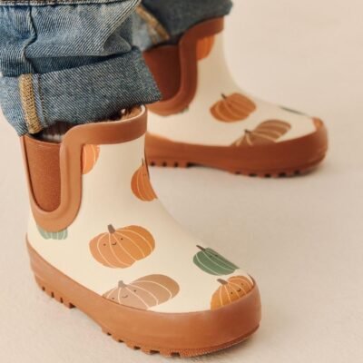 Neutral Pumpkin Halloween Warm Lined Ankle Wellies