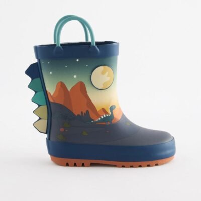 Navy Dinosaur Scene Handle Pull On Wellies