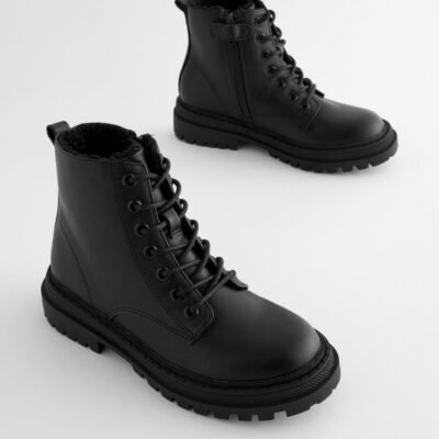 Matt Black Wide Fit (G) Warm Lined Lace-Up Ankle Boots