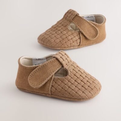 Tan Woven Suede Leather Baby T-Bar Shoes