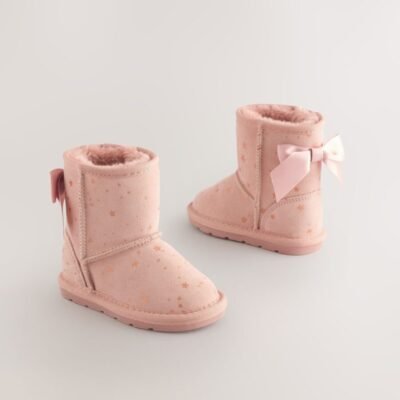 Pink Bow Water Repellent Tall Suede Pull On Boots