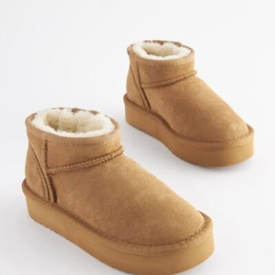 Tan Brown Standard Fit (F) Flatform Mini Warm Lined Water Repellent Suede Pull-On Boots