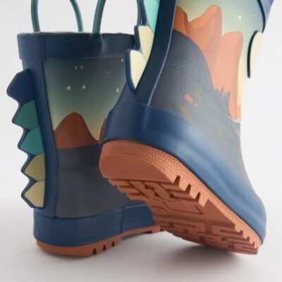 Navy Dinosaur Scene Handle Pull On Wellies