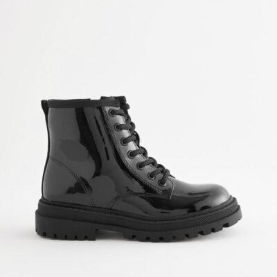 Black Patent Wide Fit (G) Warm Lined Lace-Up Ankle Boots