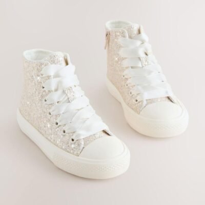 Ivory Glitter Standard Fit (F) Lace-Up High Top Trainers