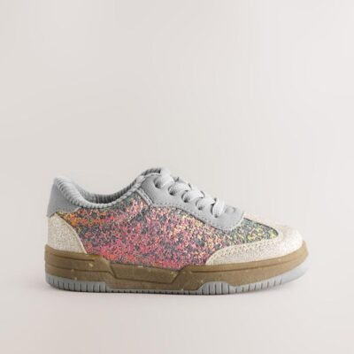 Blue Glitter Lace Up Retro Trainers