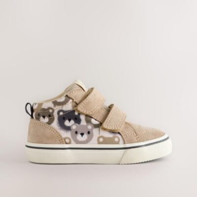 Neutral Brown Bear Print Suede Touch Fastening High Top Trainers
