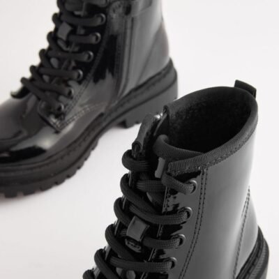 Black Patent Wide Fit (G) Warm Lined Lace-Up Ankle Boots