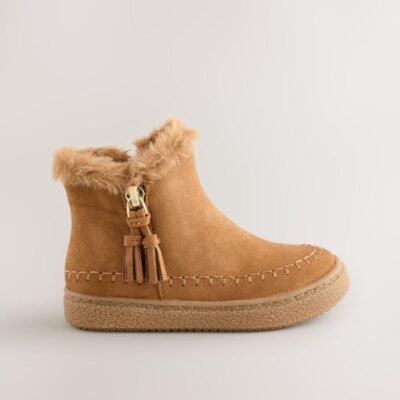 Tan Brown Faux Fur Lined Zip Ankle Boots