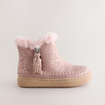 Pink Faux Fur Lined Zip Ankle Boots