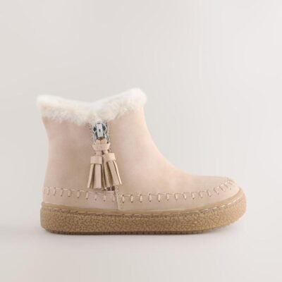 Bone Faux Fur Lined Zip Ankle Boots
